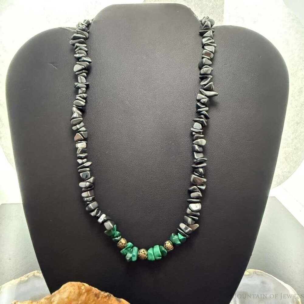 Sterling Silver Hematite & Malachite Beaded 18" Necklace For Women